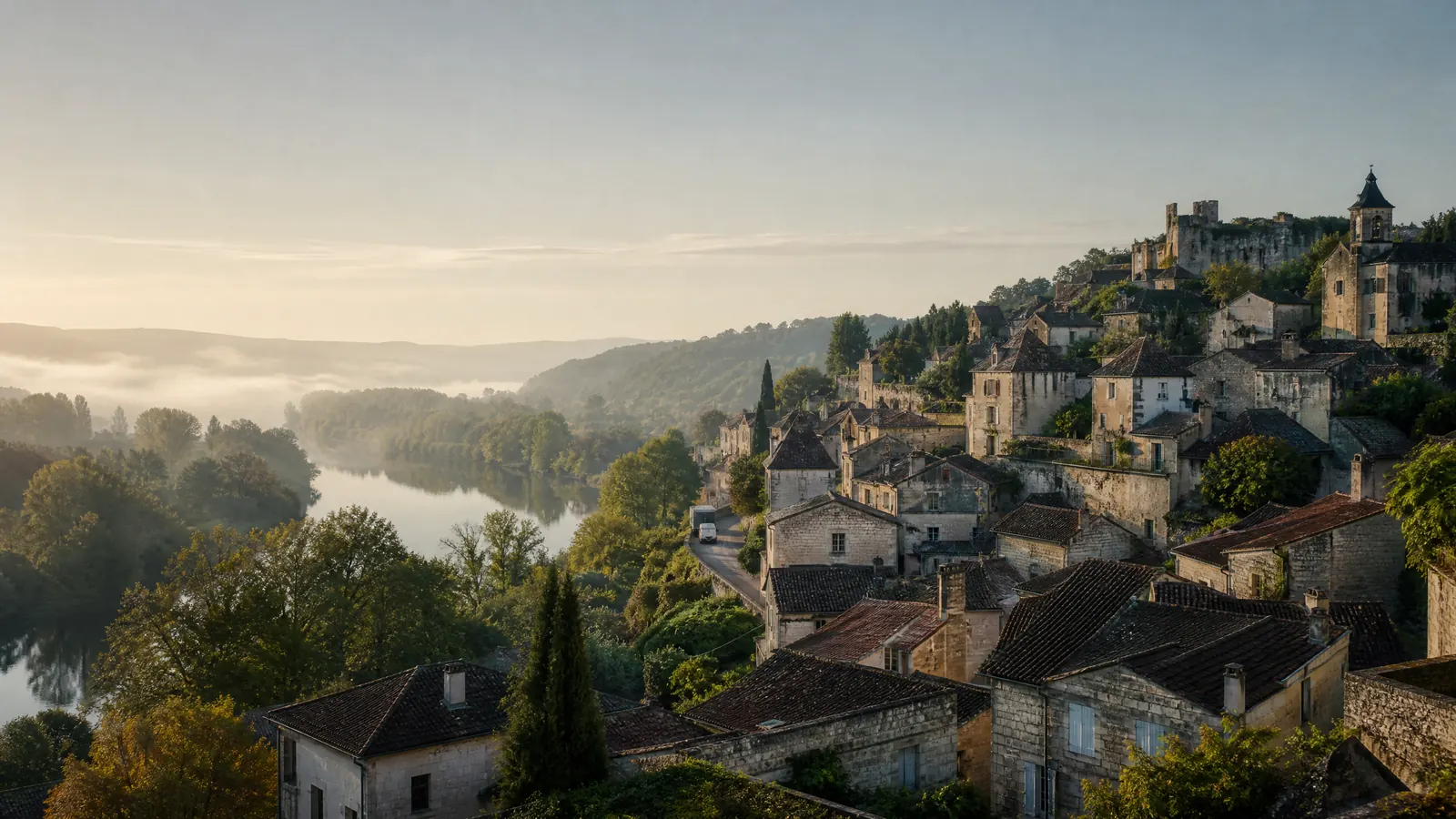 French town and countryside at first light